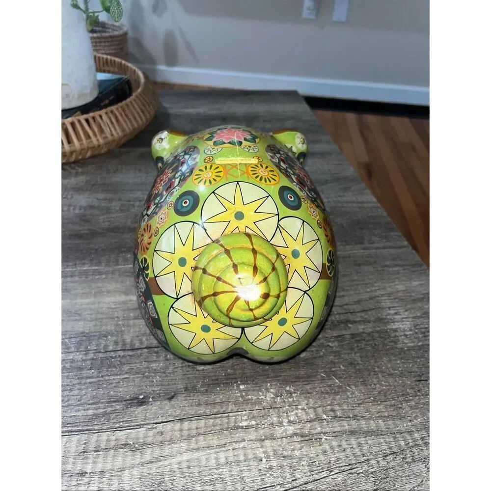 Vintage Folk Art Ceramic Mexican Pottery Piggy Bank Painted Old Retro Flowers 60